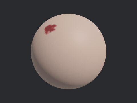 A pale sphere shot six times; each stain runs under gravity, spreads, and dries to brown in place