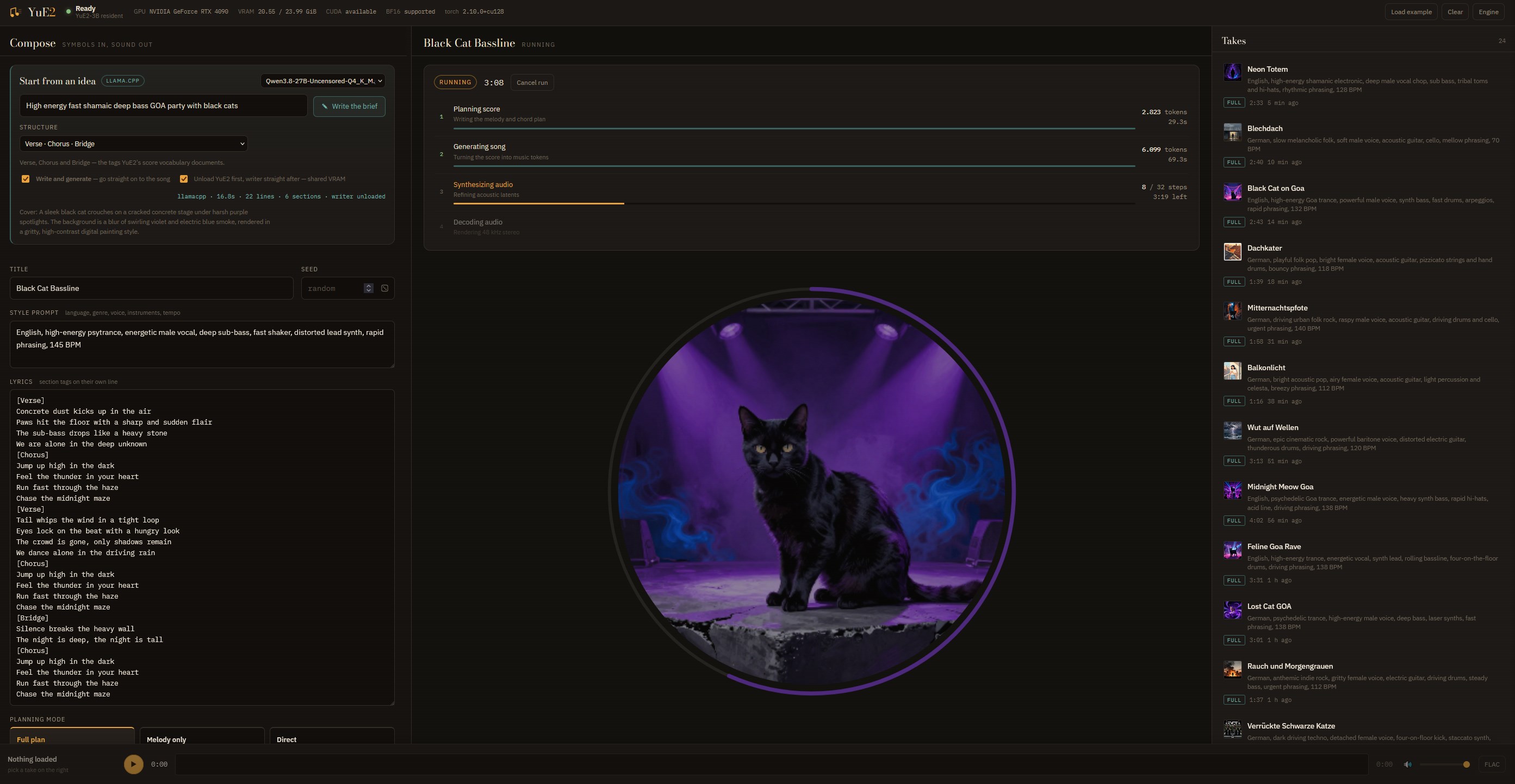 A song being generated, the cover resolving as the run progresses