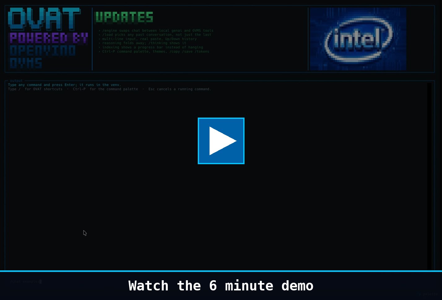Play the 6 minute OVAT demo video on the docs site. The still shows the OVAT terminal UI launcher with a play button.