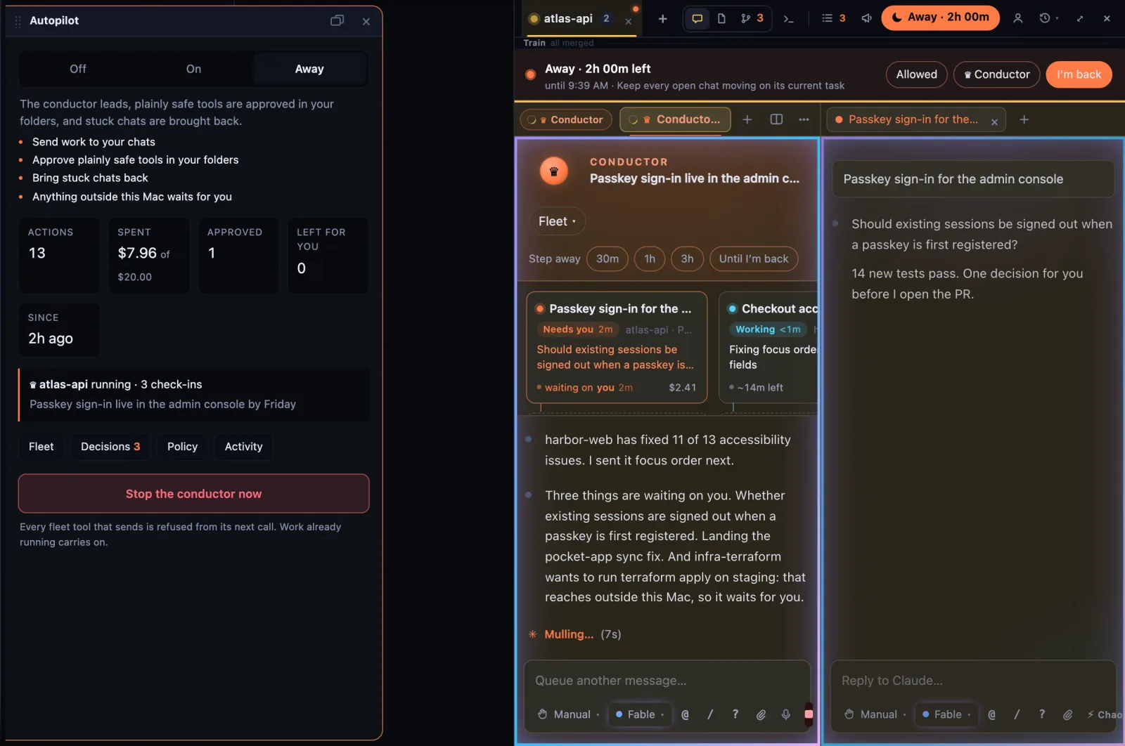 Away mode: the Autopilot panel set to Away while the conductor keeps the chats moving