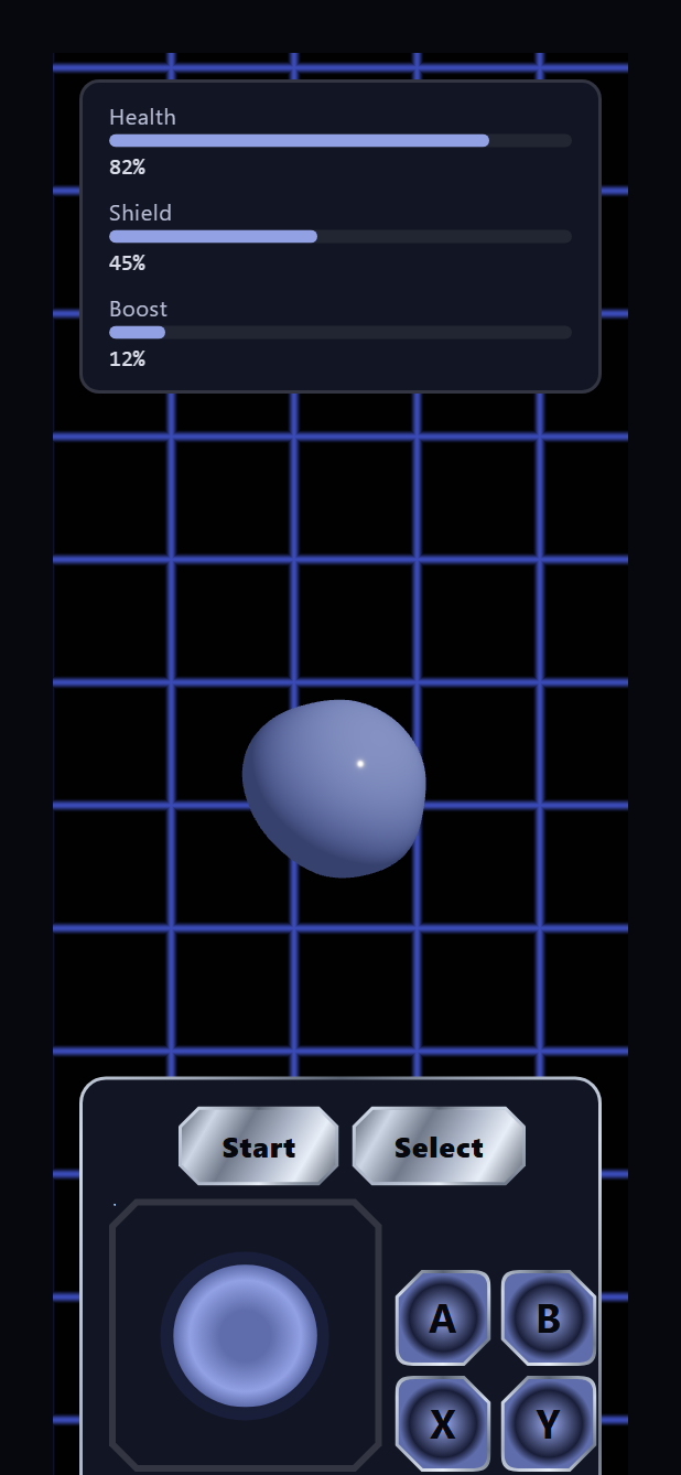 Portal mobile controller: a HUD readout band, a centred distort orb over an interactive rippleGrid shader backdrop, and a metal-trimmed deck holding Start and Select keys, an analog joystick, and an A/B/X/Y action grid