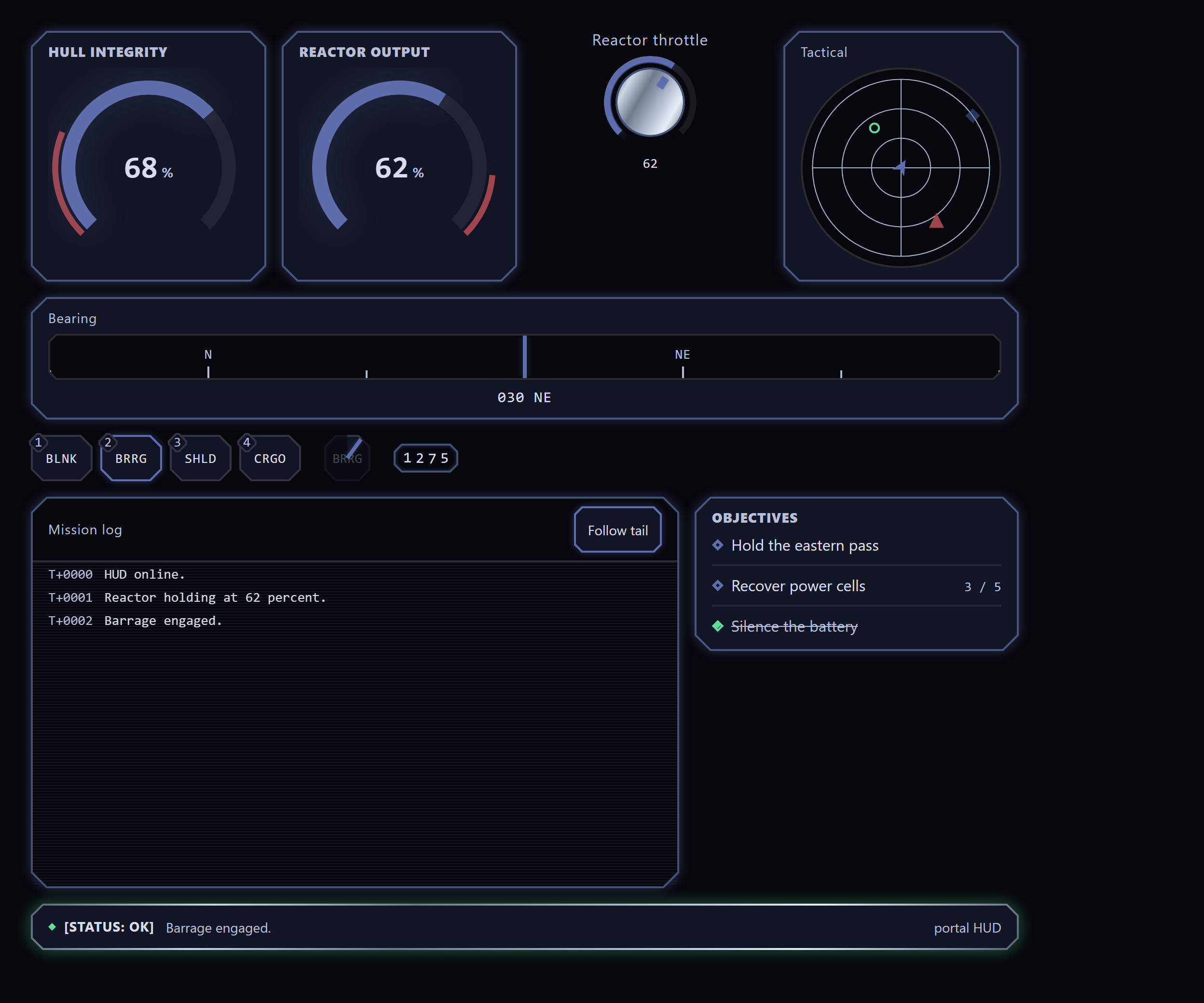 Portal game HUD: two octagonal arc gauges (hull integrity, and reactor output carrying a red redline band), a machined rotary throttle dial, a hotbar of keybound ability keys beside a radial cooldown chip mid-sweep, and a scanlined mono mission-log console, all on dark HUD glass.