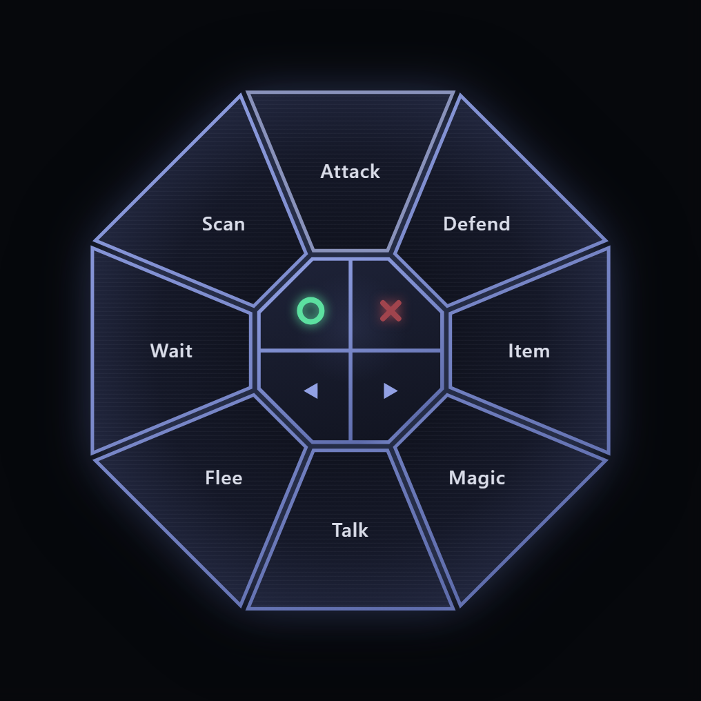 Portal RadialMenu: an octagonal radial menu of eight machined wedge sections (Attack, Defend, Item, Magic, Talk, Flee, Wait, Scan) around an octagonal center hub carrying a bold green confirm ring, a red cancel cross, and previous/next triangles, all framed in a lit accent rim over dark HUD glass.