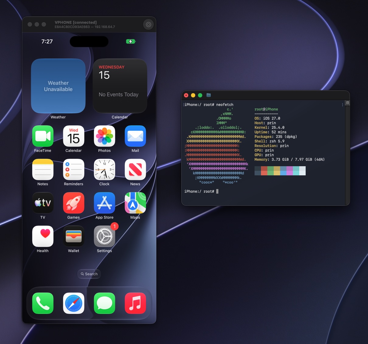 macOS 호스트에서 실행 중인 가상 iPhone 화면과 해당 VM 내부의 터미널 상태를 보여준다.