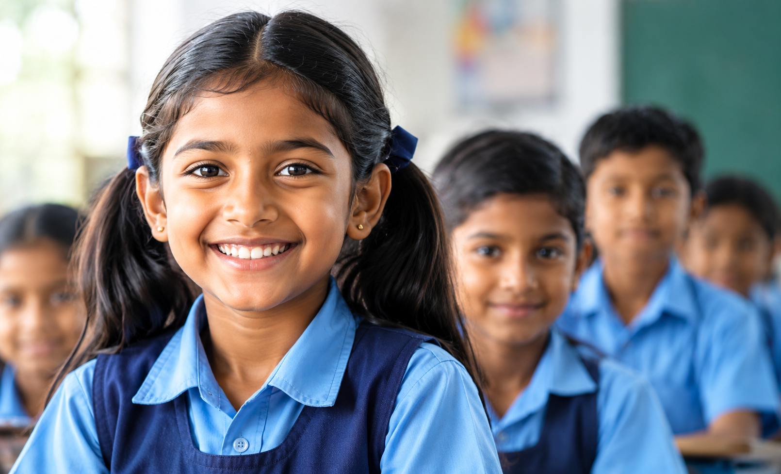 A smiling schoolgirl in a blue uniform sitting with classmates