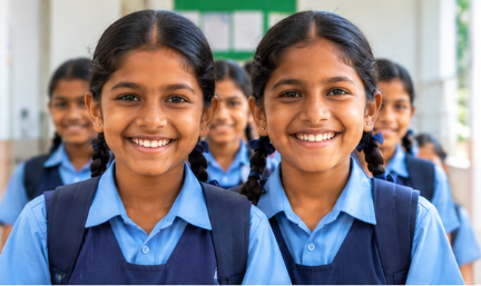 Schoolchildren in uniforms smiling in a classroom