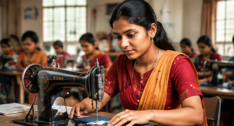 A woman working at a sewing machine in a training centre
