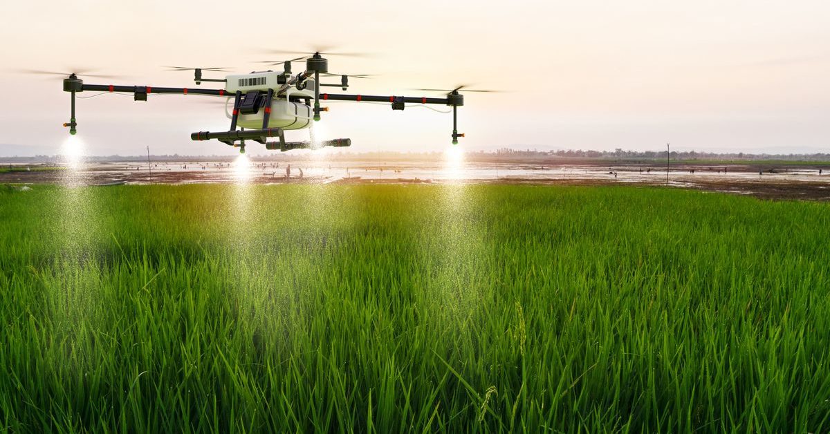 Drone flying over green farmland
