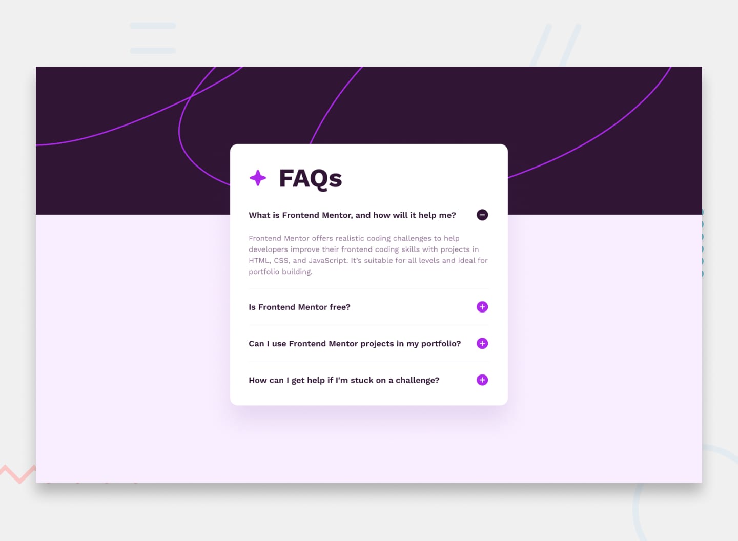 Design preview for the FAQ accordion coding challenge