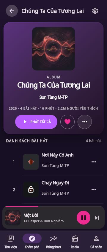 Trang album chính thức trên điện thoại với hero gọn Play Lưu Thêm và track đầu trong viewport