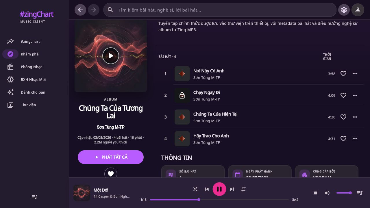Album chính thức trong workspace hai cột kiểu Zing với artwork trái và danh sách track đánh số bên phải