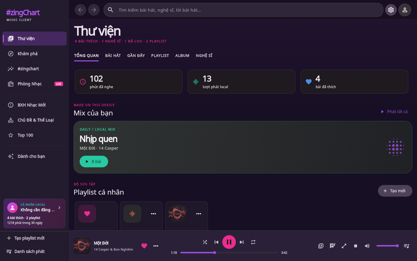 Thư viện desktop với các phân mục Tổng quan Bài hát Gần đây Playlist Album và Nghệ sĩ