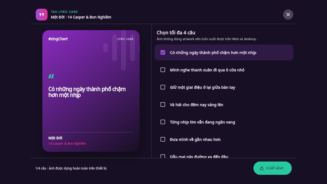 Trình tạo Lyric Card chọn nhiều câu và xem trước ảnh chia sẻ