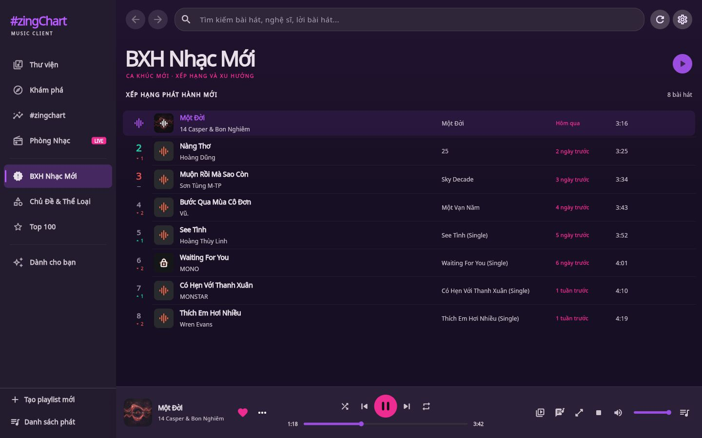 BXH Nhạc Mới với thứ hạng, xu hướng, nghệ sĩ, album và thời lượng trên desktop
