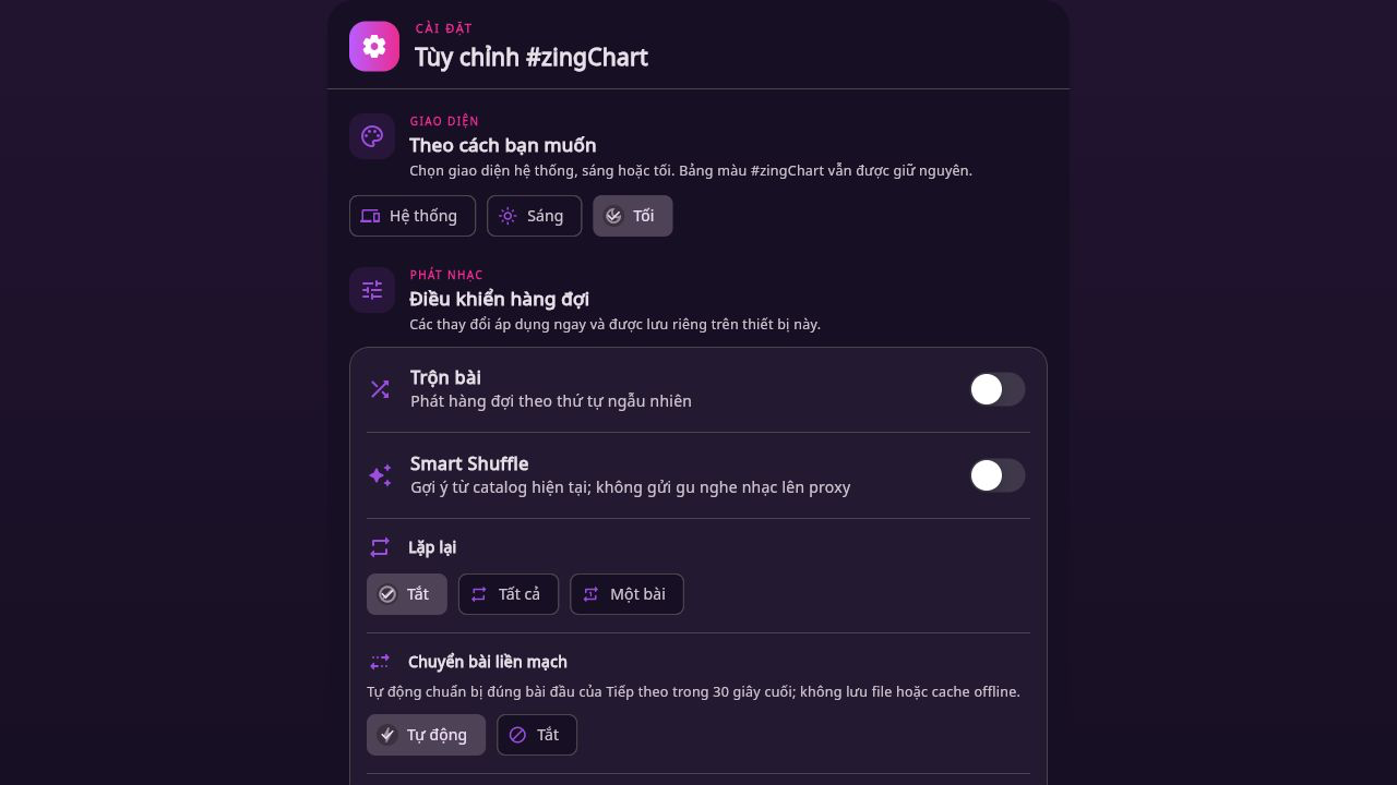 Cài đặt desktop của #zingChart với lựa chọn Seamless Next Tự động hoặc Tắt