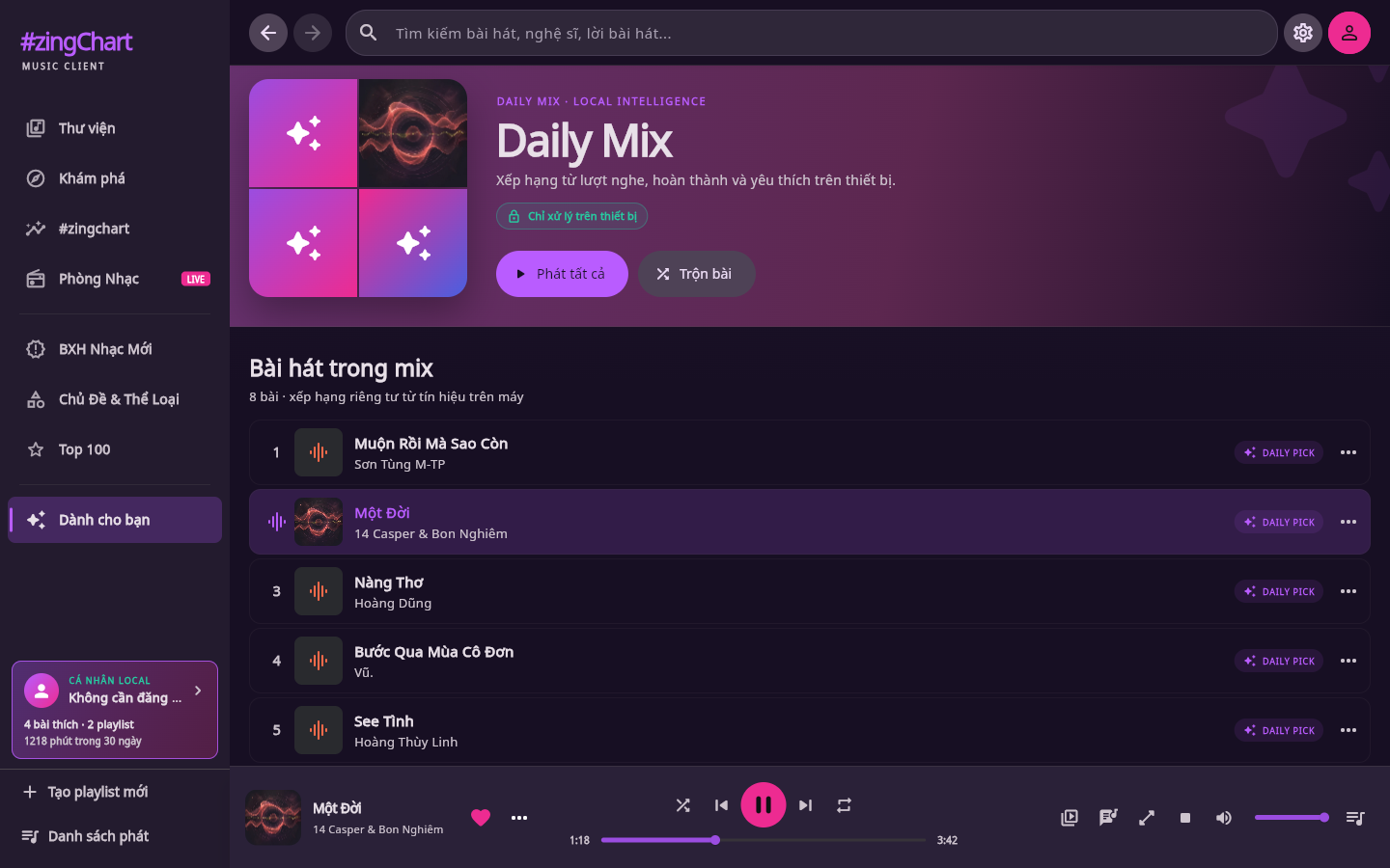 Trang chi tiết Daily Mix local-first trên desktop với cover mosaic và danh sách bài hát