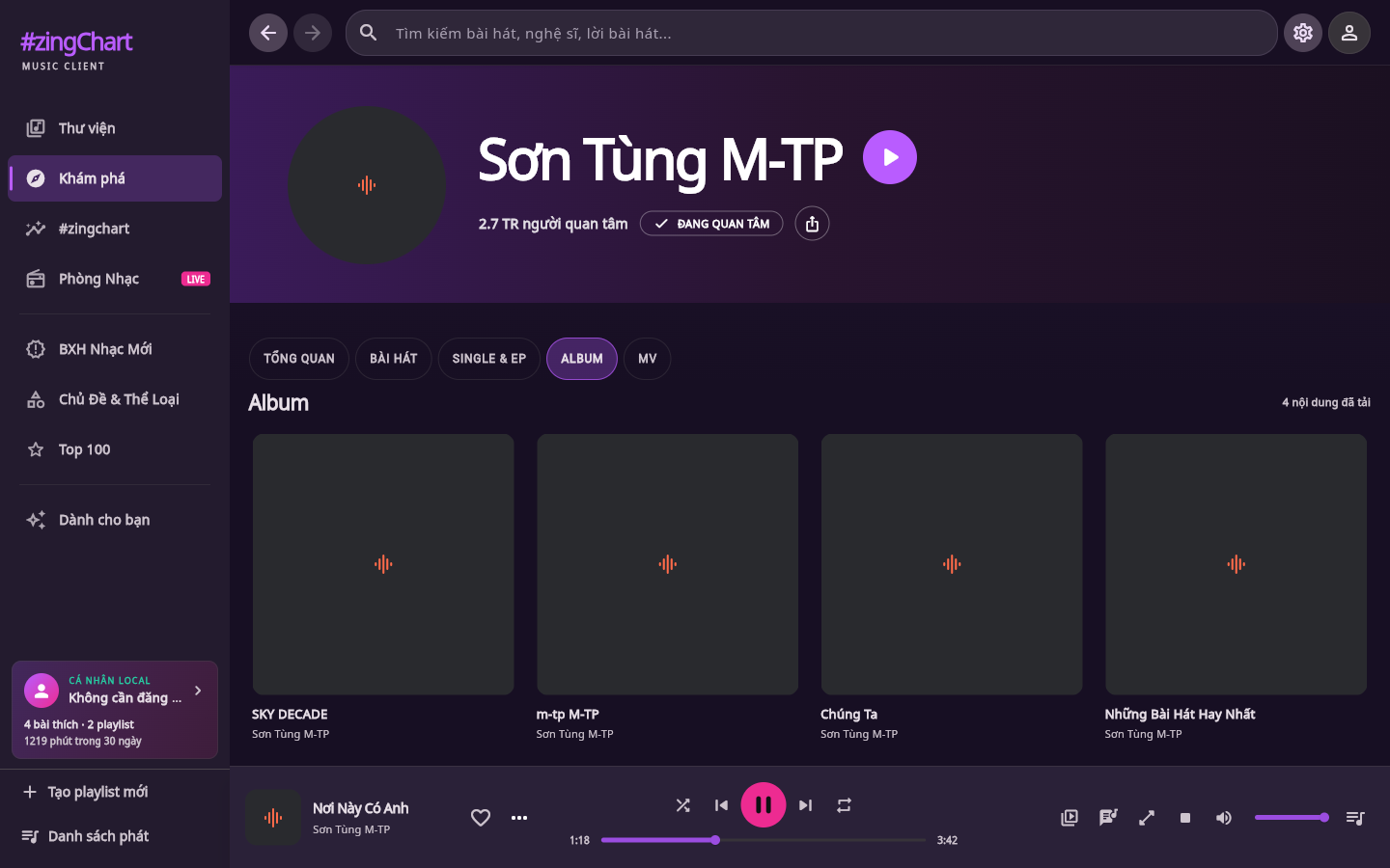 Trang Album nghệ sĩ trên desktop với thanh tab Tổng quan Bài hát Single EP Album và MV cùng grid bốn cột