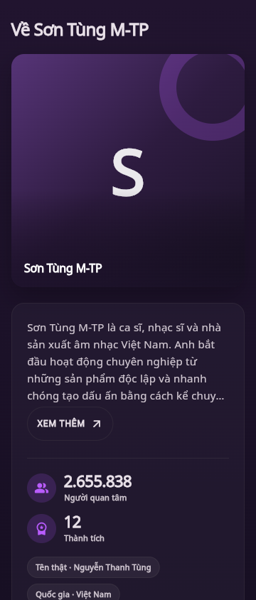Khối Về nghệ sĩ dạng một cột trên điện thoại 360 px