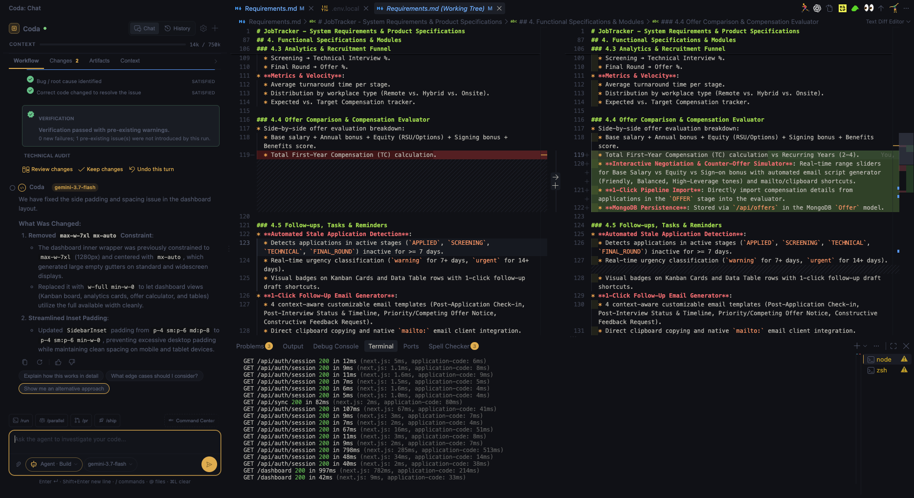 Coda AI workspace showing agent progress, tool activity, and run results