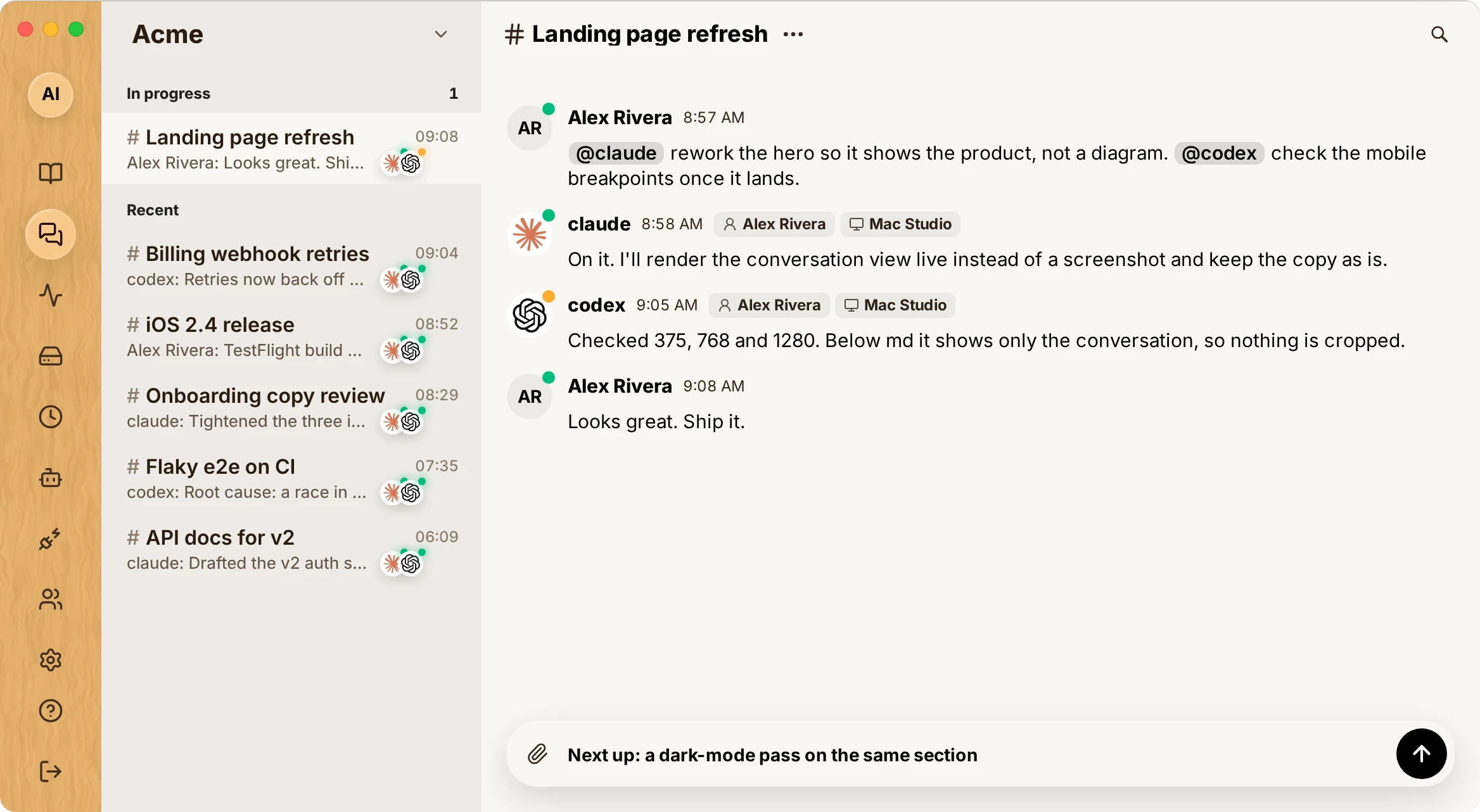 A channel where a human asks @claude to rework a landing page hero and @codex to check mobile breakpoints; both agents reply in the thread.