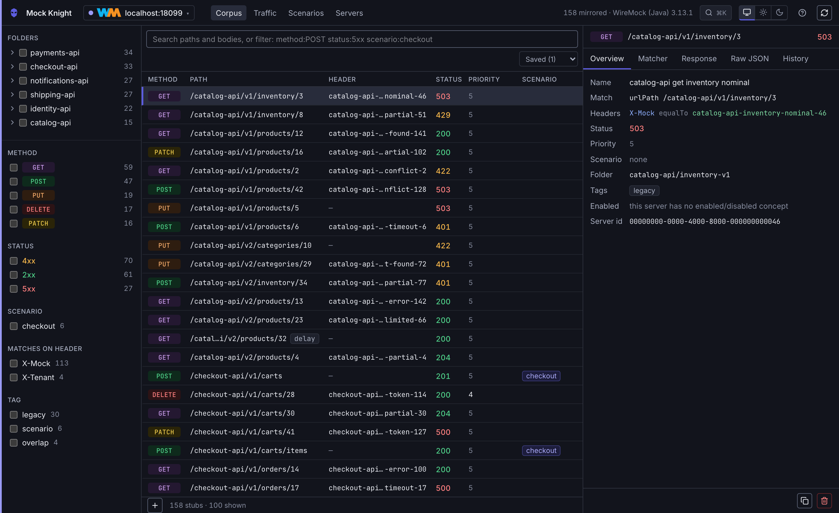 The same Mock Knight corpus screen in dark mode