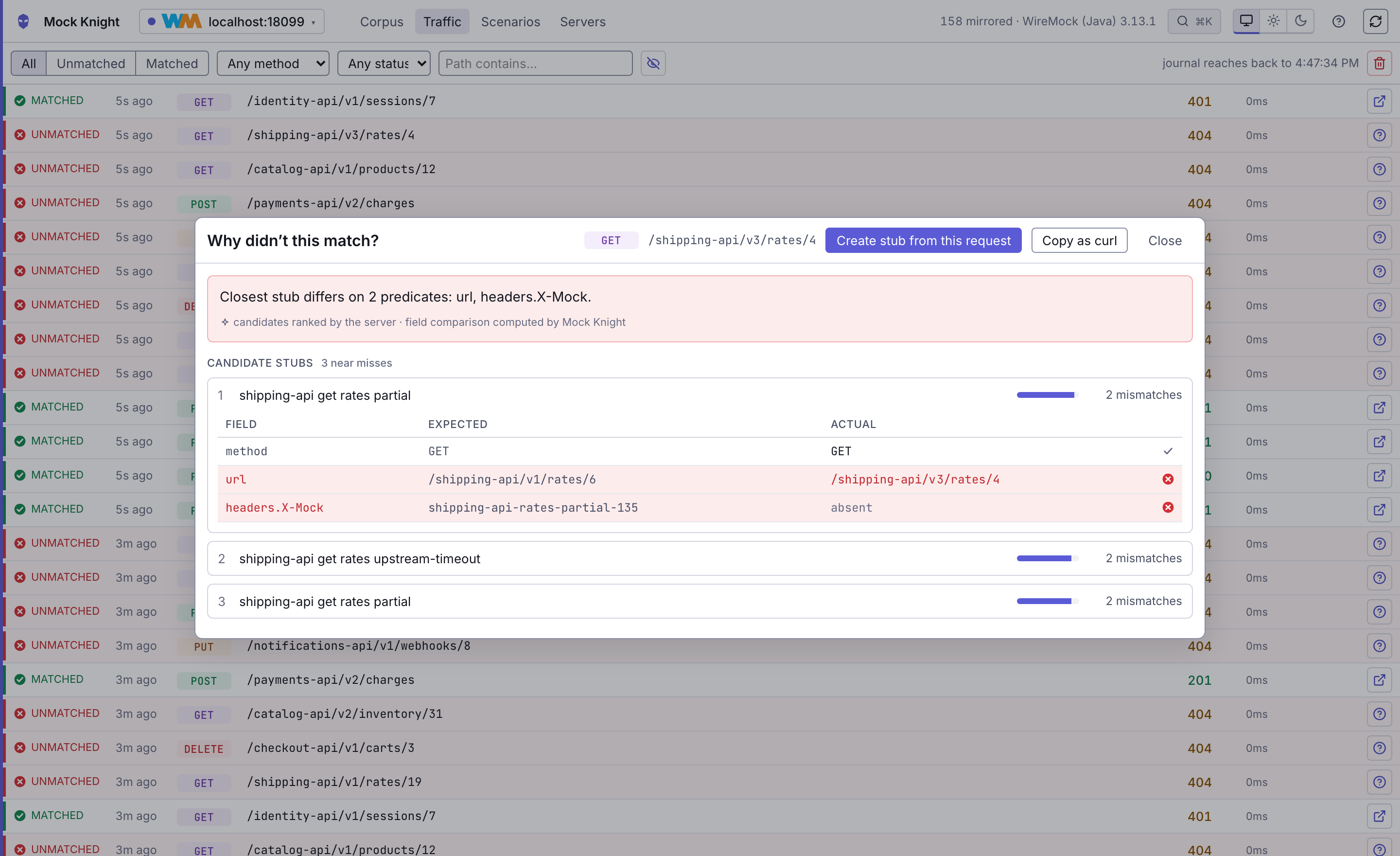 Mock Knight's match explainer showing why a request returned 404: three candidate WireMock stubs ranked by closeness, with a table of expected versus actual values marking the url and X-Mock header as the two mismatched predicates