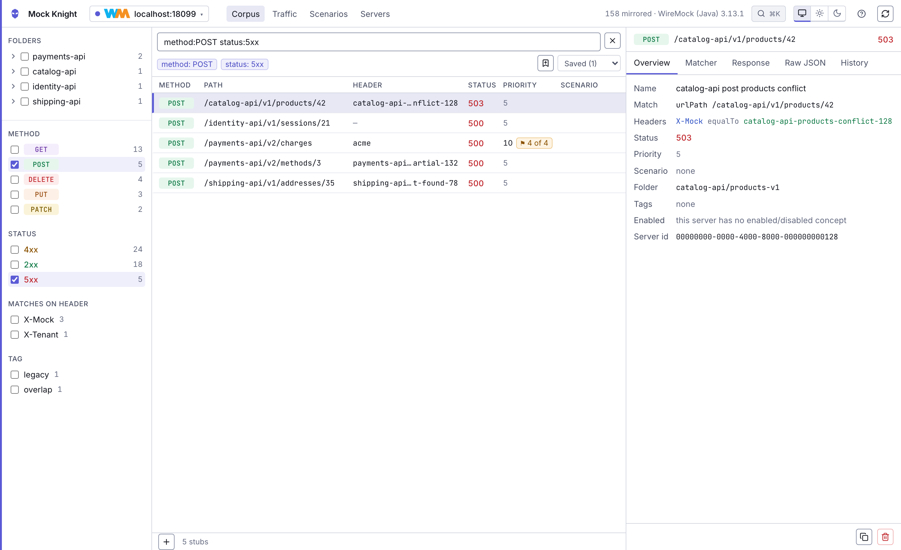 Structured search in the Mock Knight WireMock UI: the query method:POST status:5xx filters the stub list while the facet counts for method, status, scenario, header and tag update alongside it