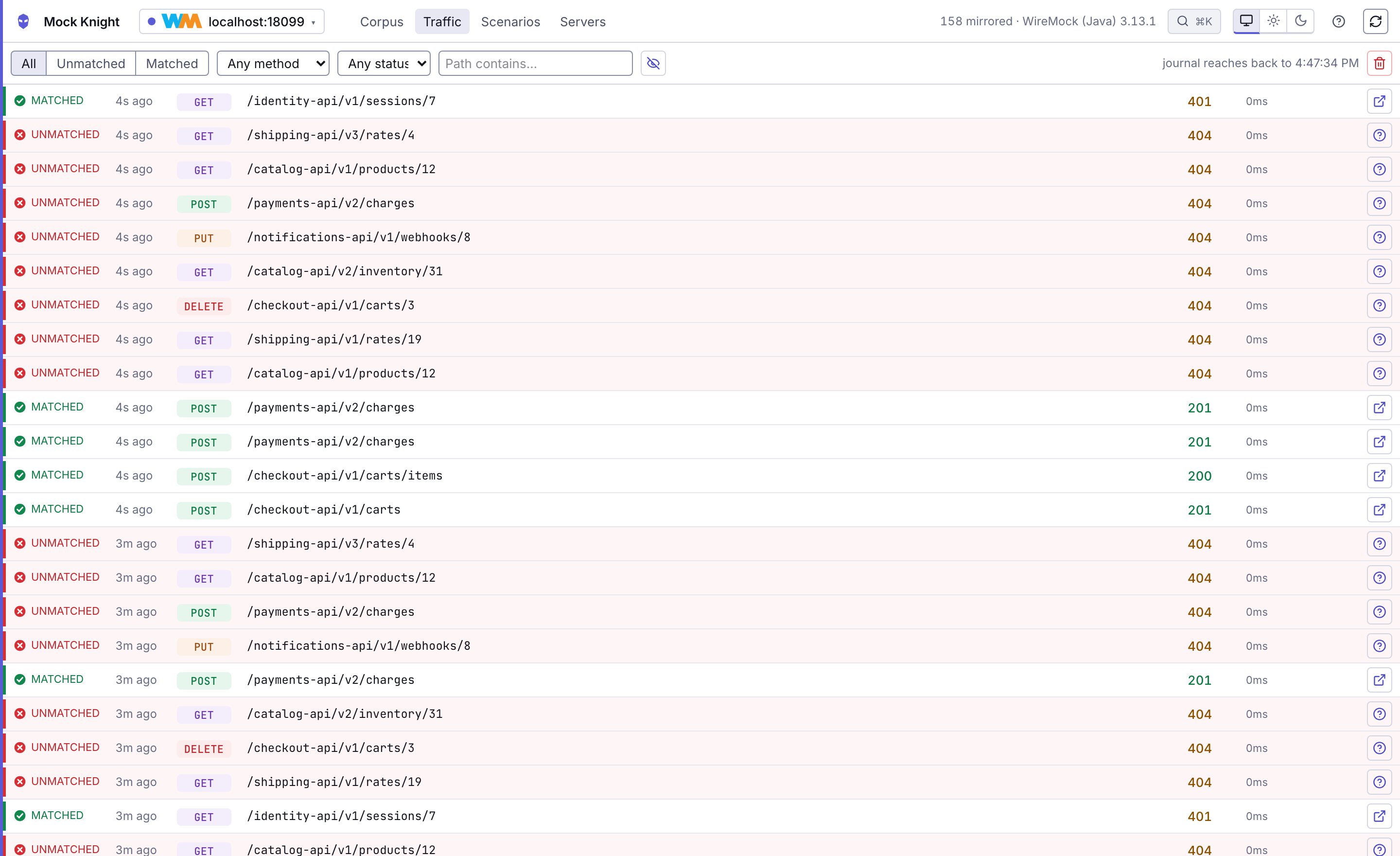 Mock Knight's traffic screen: a live WireMock request log with matched and unmatched requests, each row showing method, path, response status and duration