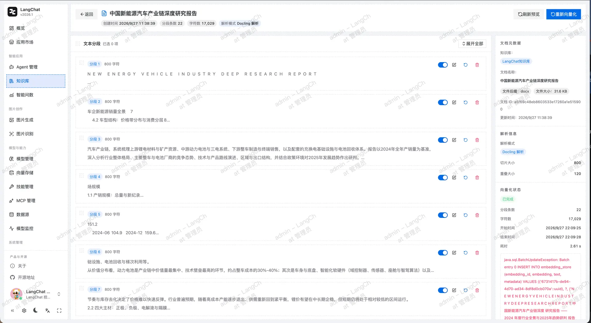 知识库文档分段列表、元数据与向量化状态