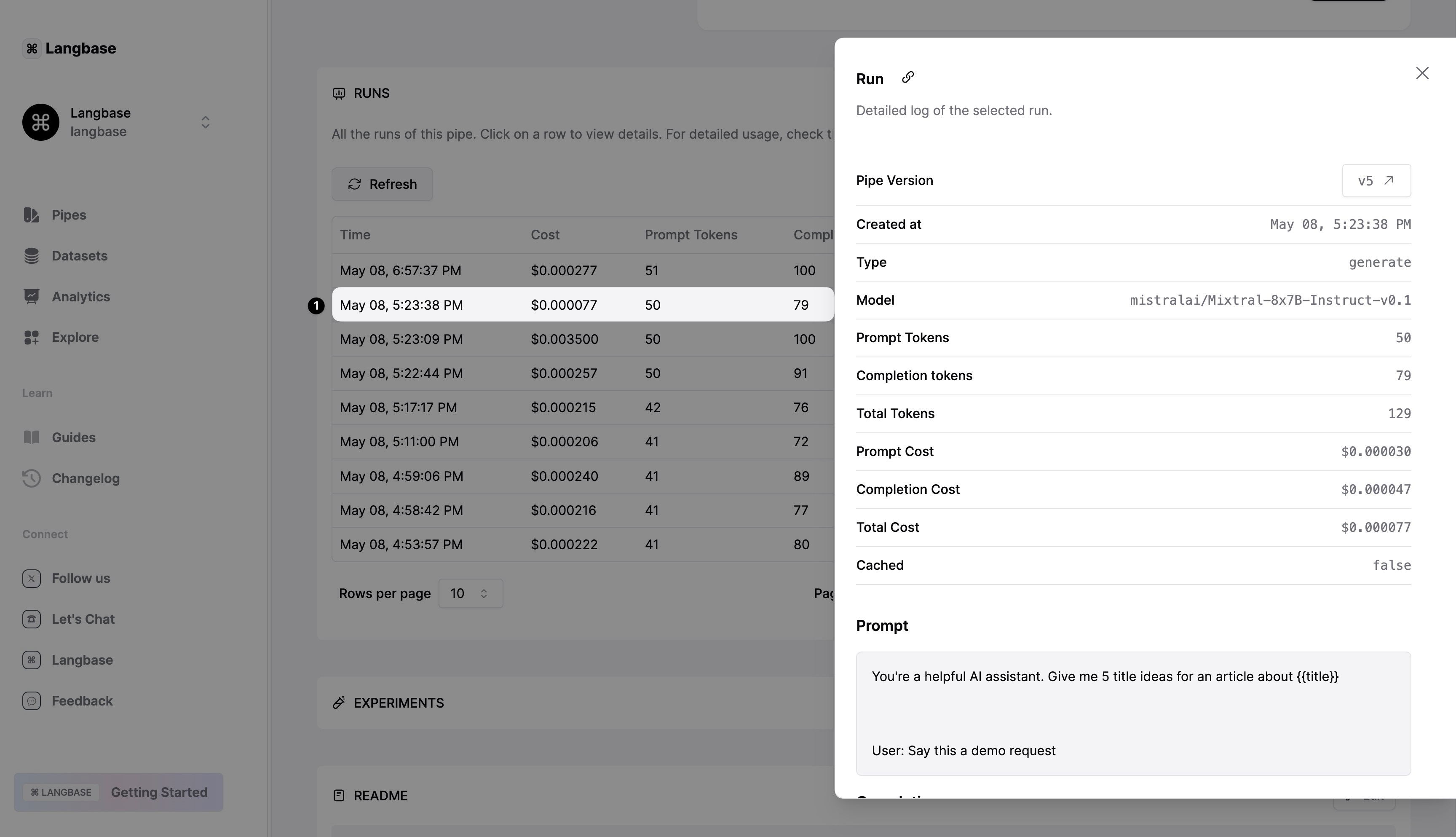 View detailed logs for every run inside a Pipe