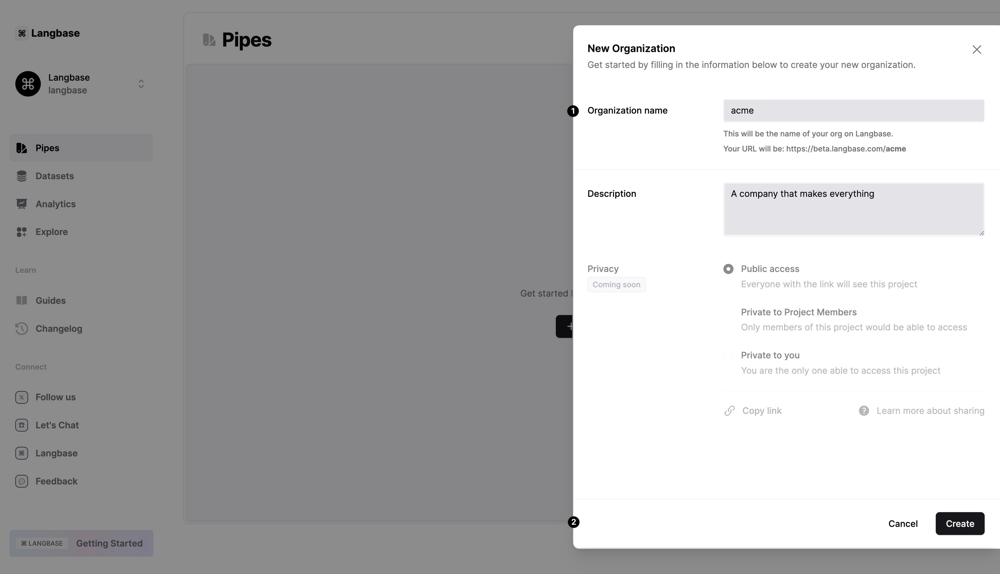 Provide organization details in Langbase