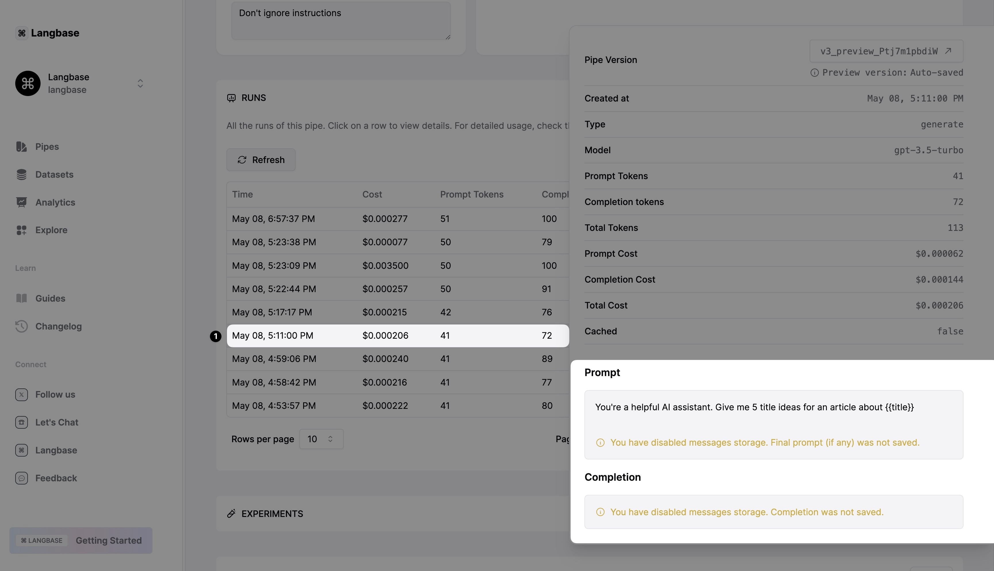 Logs without storing messages in Pipe