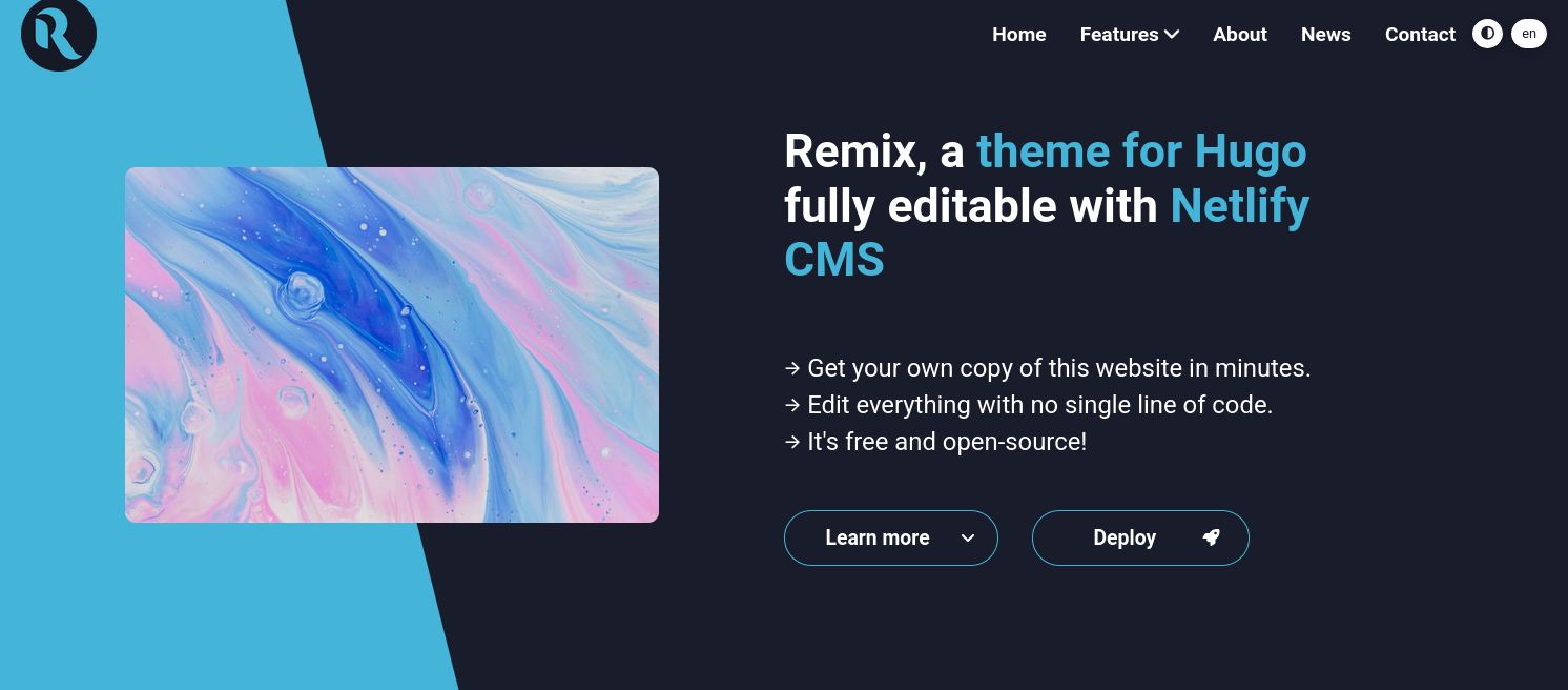 Hugo theme Remix, screenshot of the Homepage