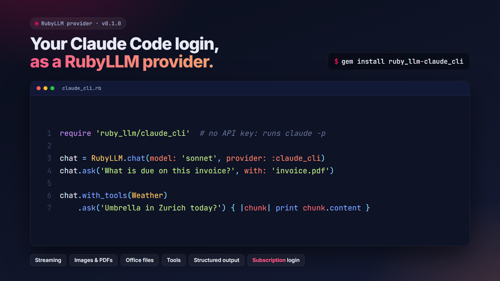 ruby_llm-claude_cli: your Claude Code login as a RubyLLM provider