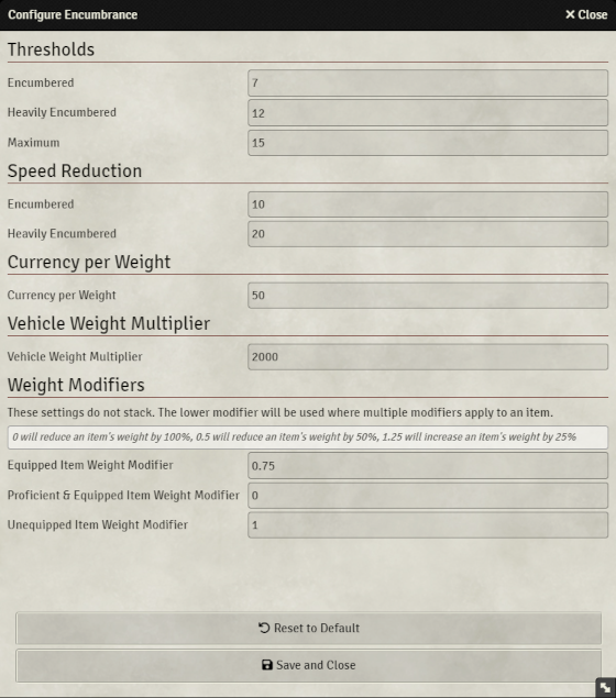 Custom D&D 5e Configure Encumbrance