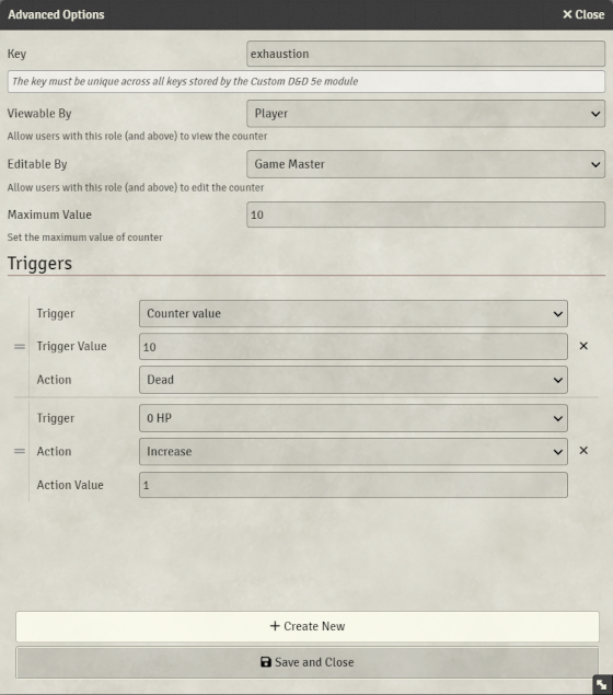 Custom D&D 5e Counter Triggers