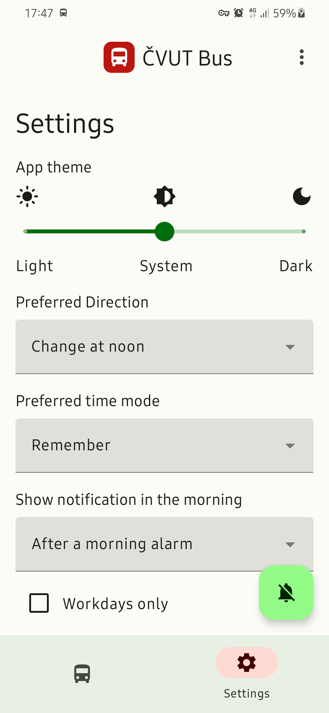 Settings in the light mode