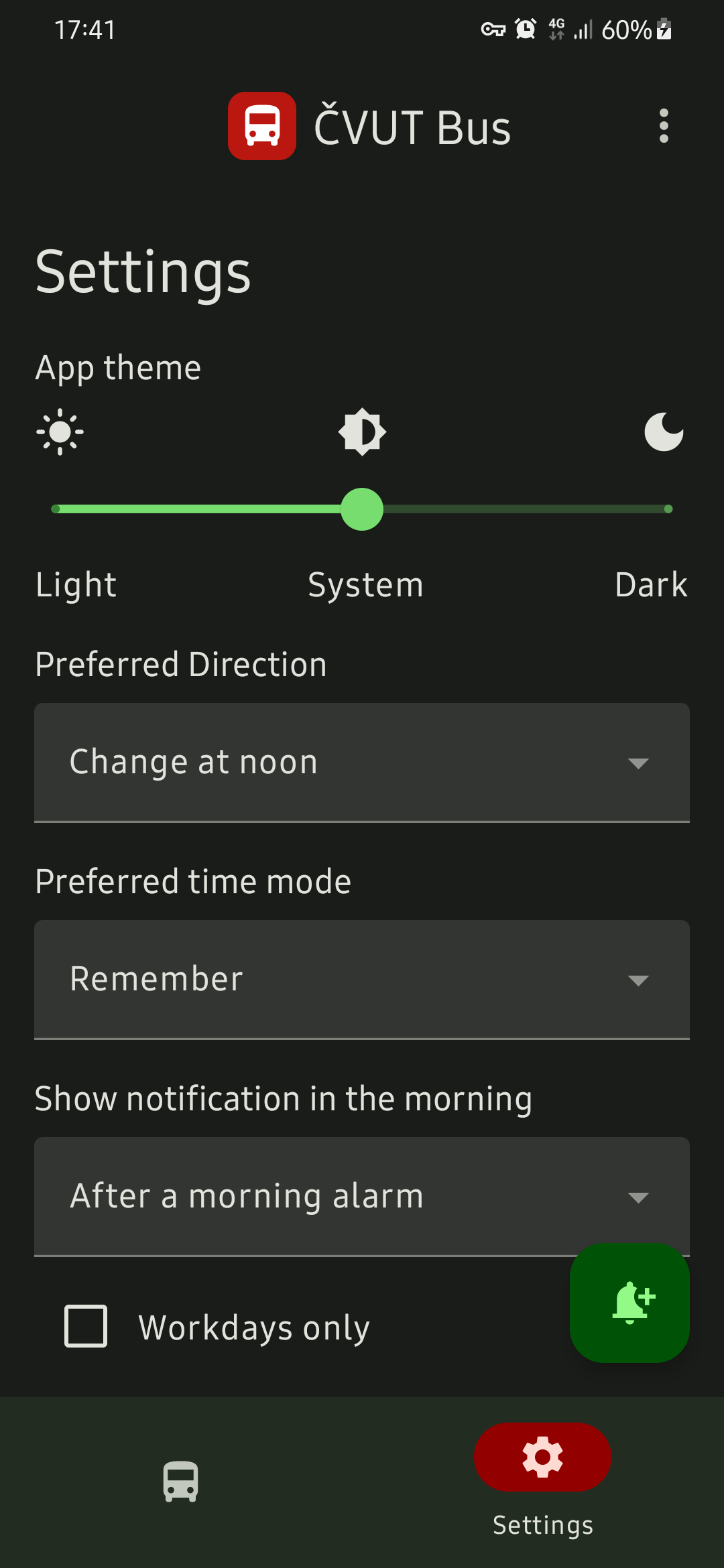 Settings in the dark mode