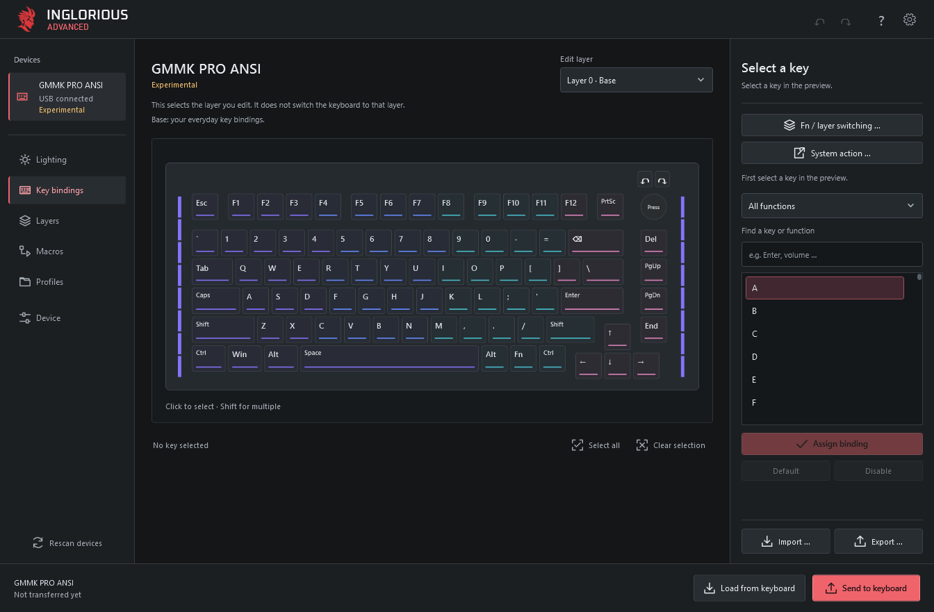 GMMK PRO ANSI key-binding editor with a horizontal Enter key and separate side lighting