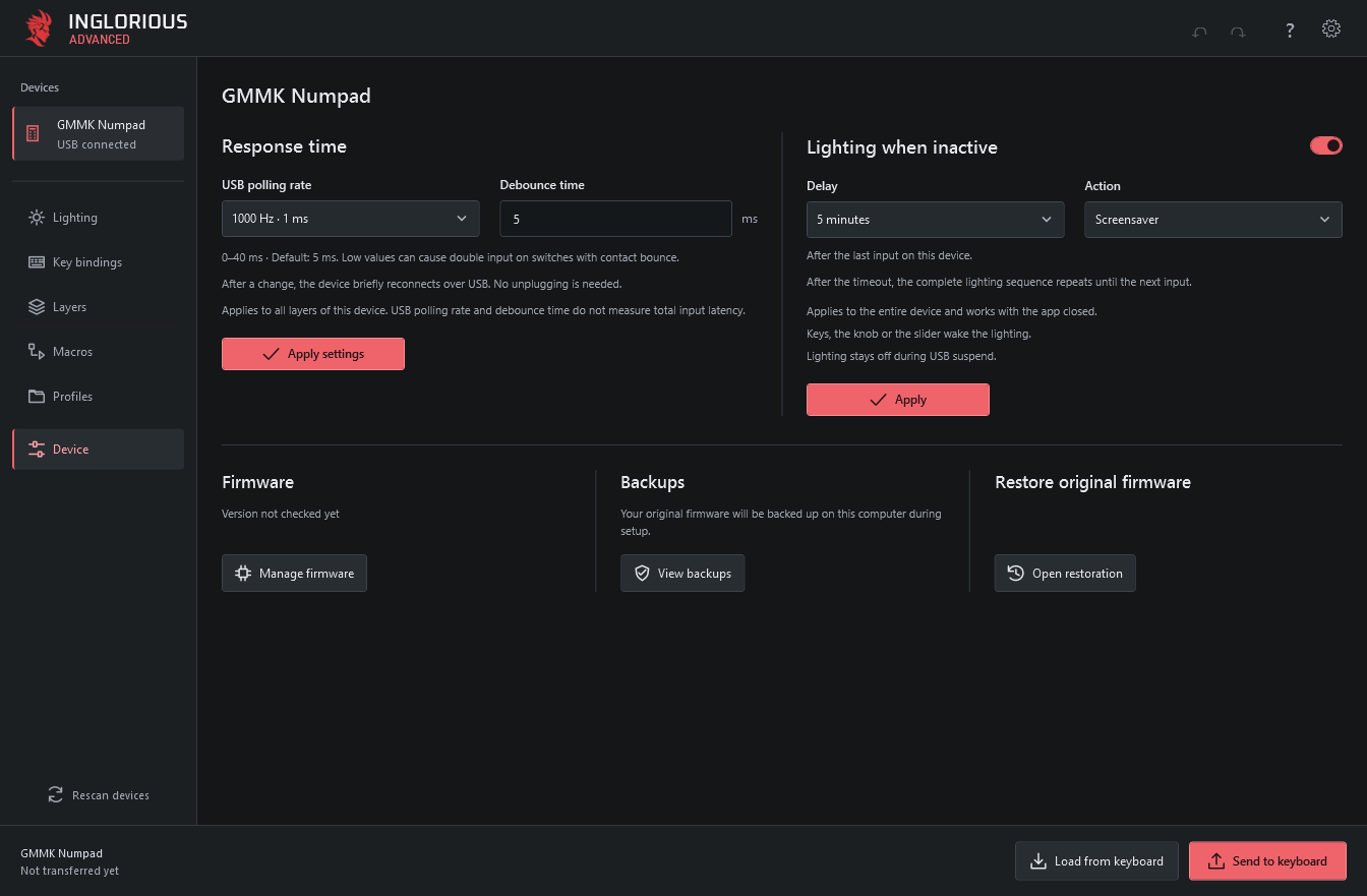 Device settings with response time, lighting during inactivity, firmware and recovery