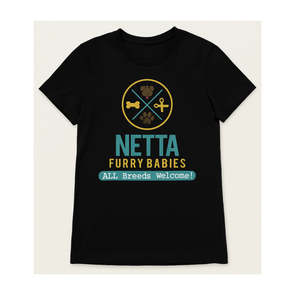 Black Netta Furry Babies logo t-shirt, ALL Breeds Welcome
