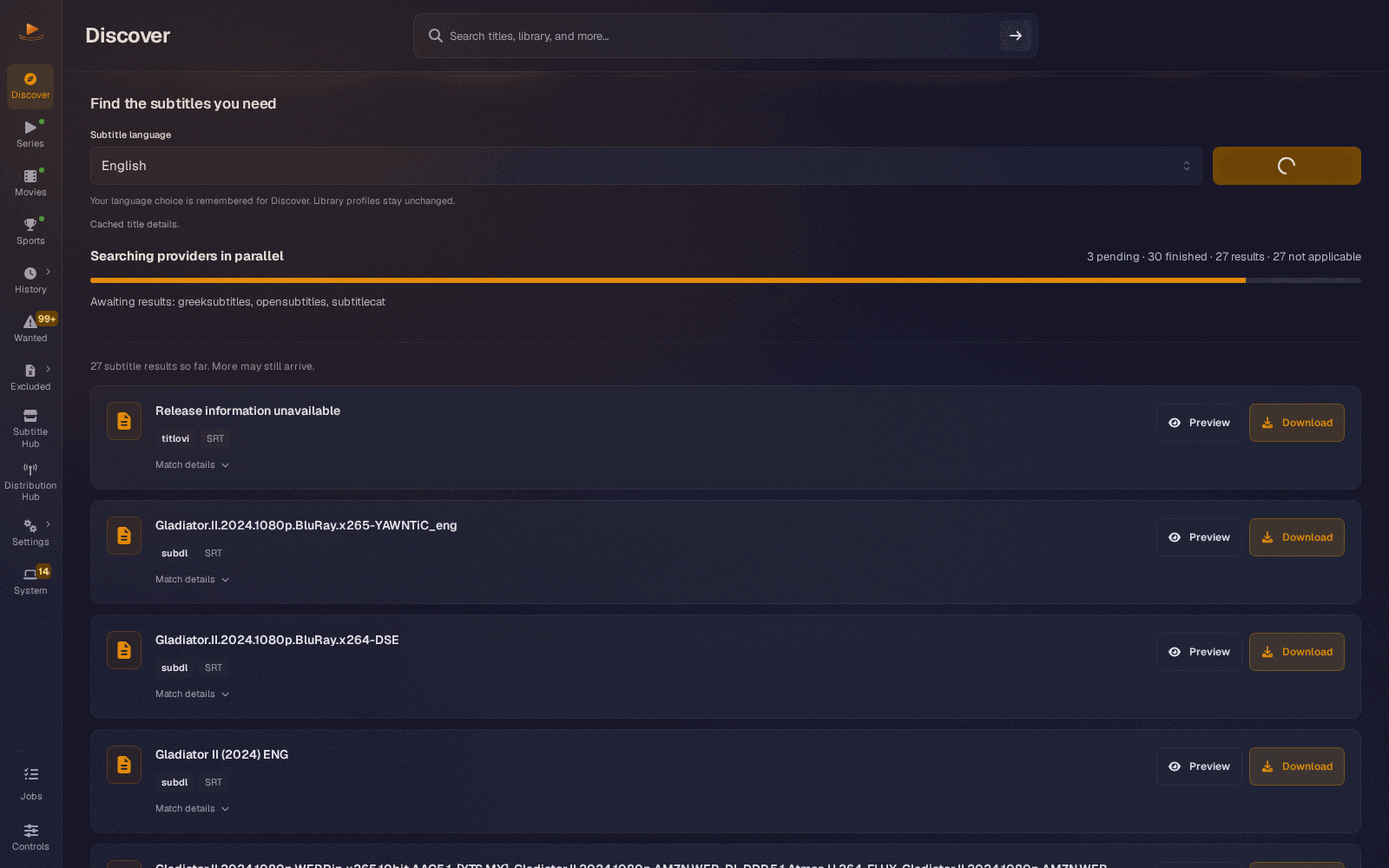 A Discover search still running, with results already listed while the remaining providers answer