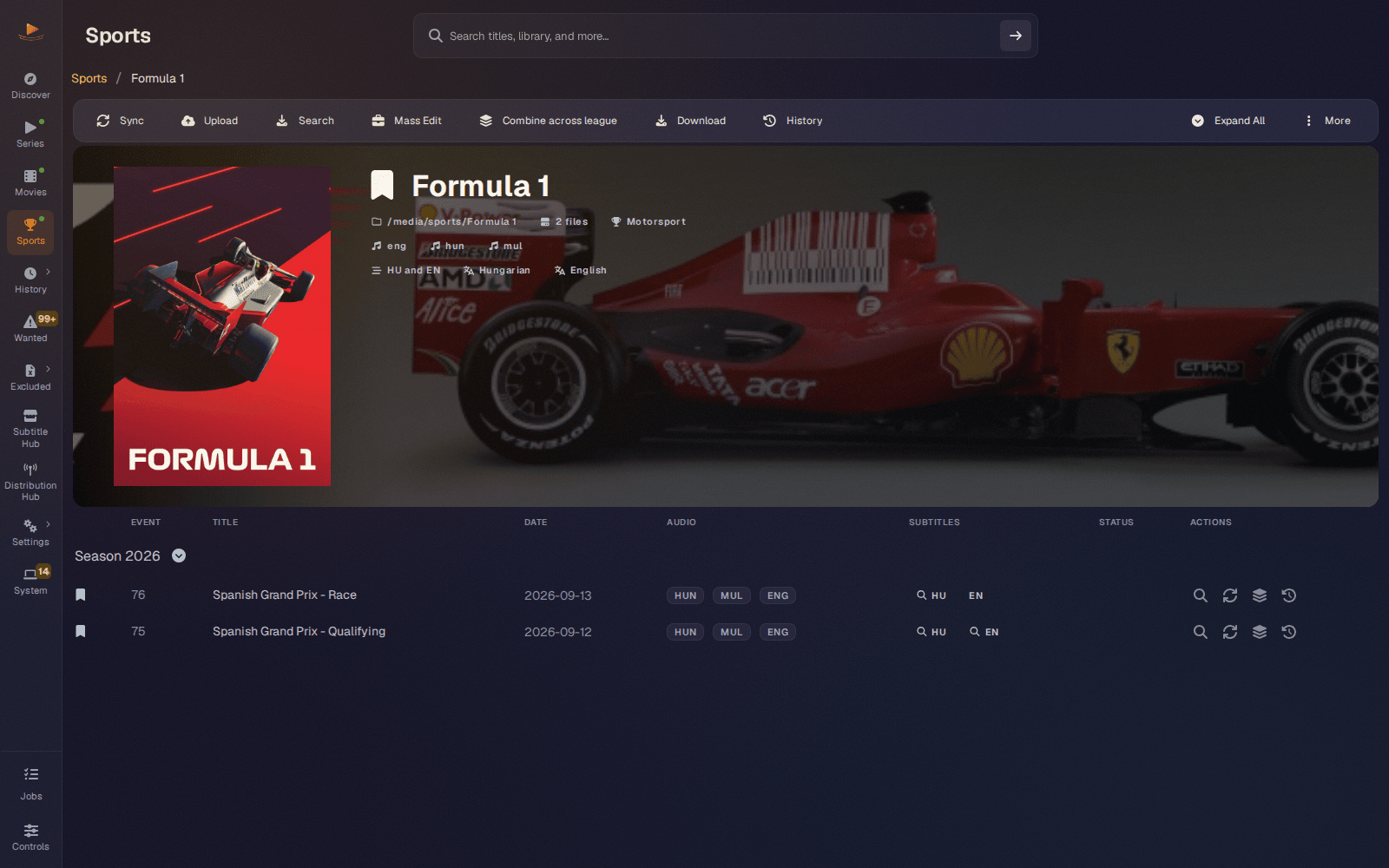 A Formula 1 league page listing race and qualifying events for the season with their audio and subtitle languages