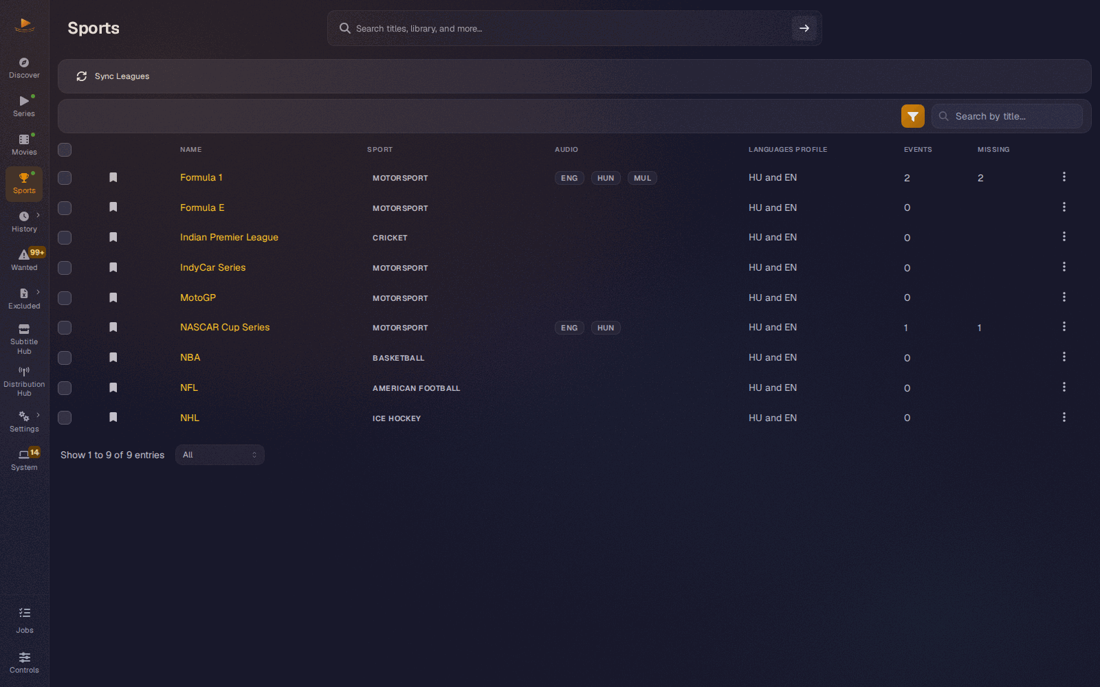 The Sports library listing several leagues from a Sportarr instance with their language profiles