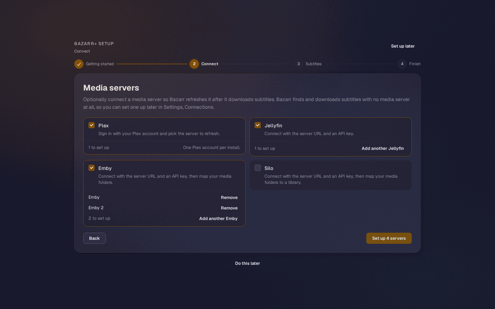 The setup wizard's media server step with several server kinds ticked and a second Emby added