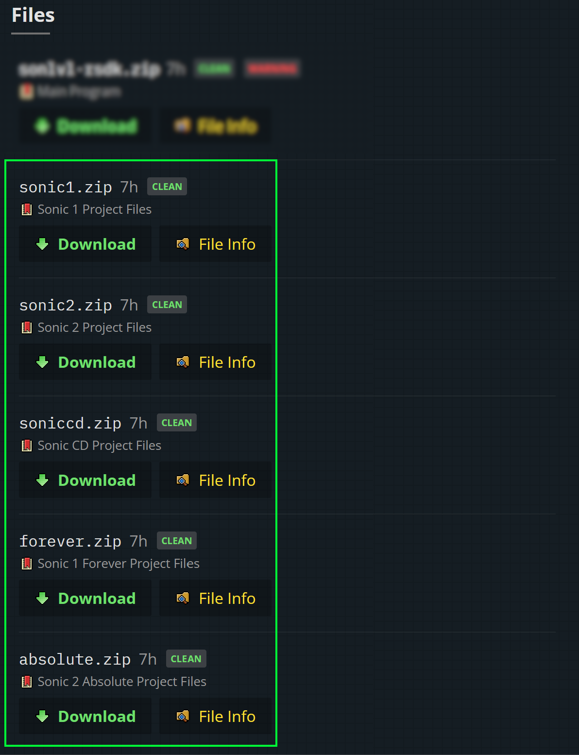 An image of the SonLVL-RSDK releases page, with the game project files circled.