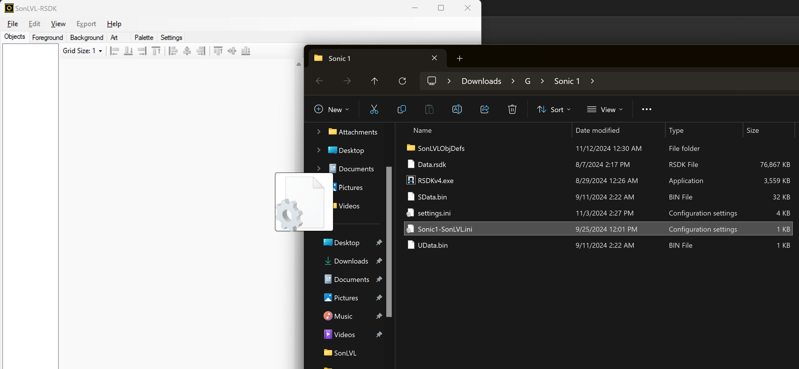 An image showing the user dragging the Sonic1-SonLVL.ini file into SonLVL-RSDK.