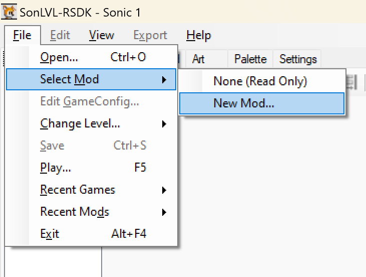 An image showing the user pressing the New Mod button in SonLVL-RSDK.