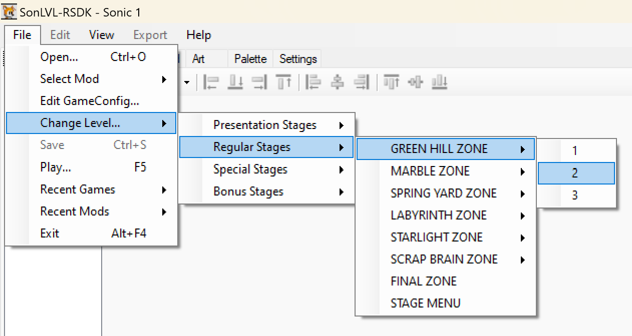 An image showing the user selecting a level in SonLVL-RSDK.