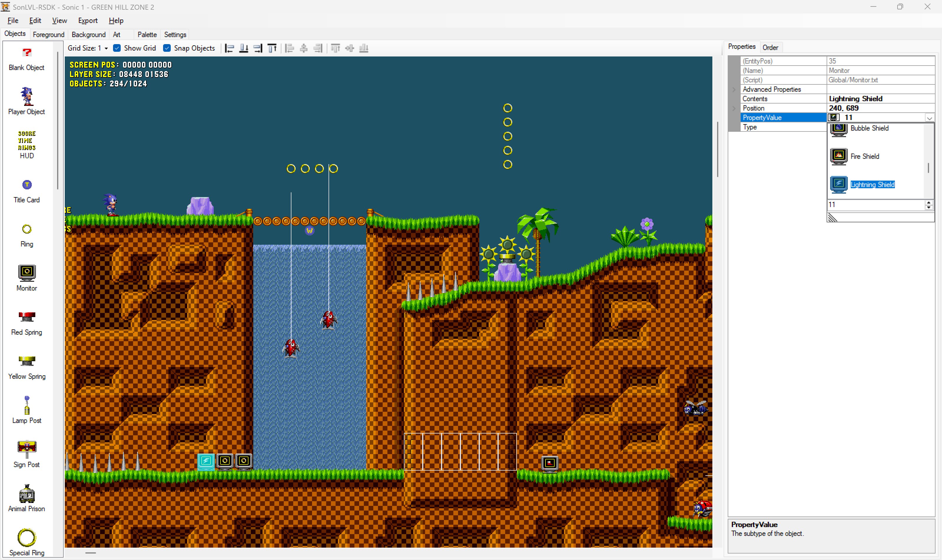 The start of Green Hill Zone Act 2, opened in SonLVL-RSDK.